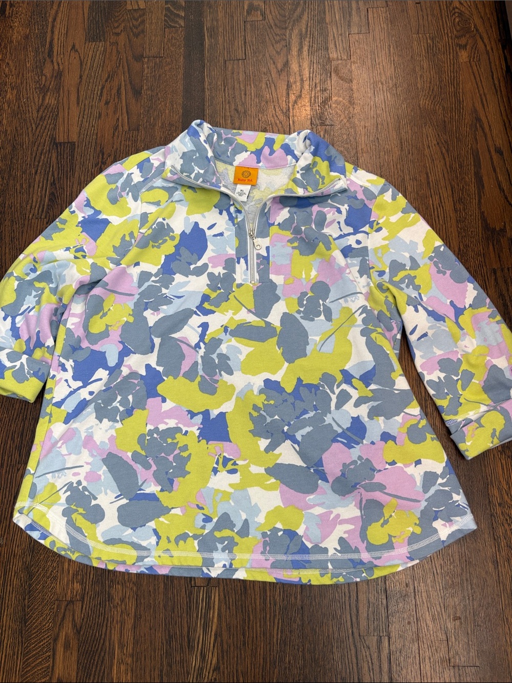 Ruby Rd. Floral Quarter-Zip Pullover in Yellow, Blue, Gray & Pink